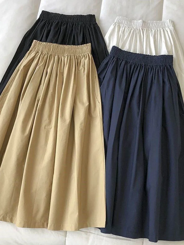 Women's White Long Skirt High Waist A-Line Knee-Length Fashion Pockets Pleated Casual Elegant Skirts for Autumn 2024