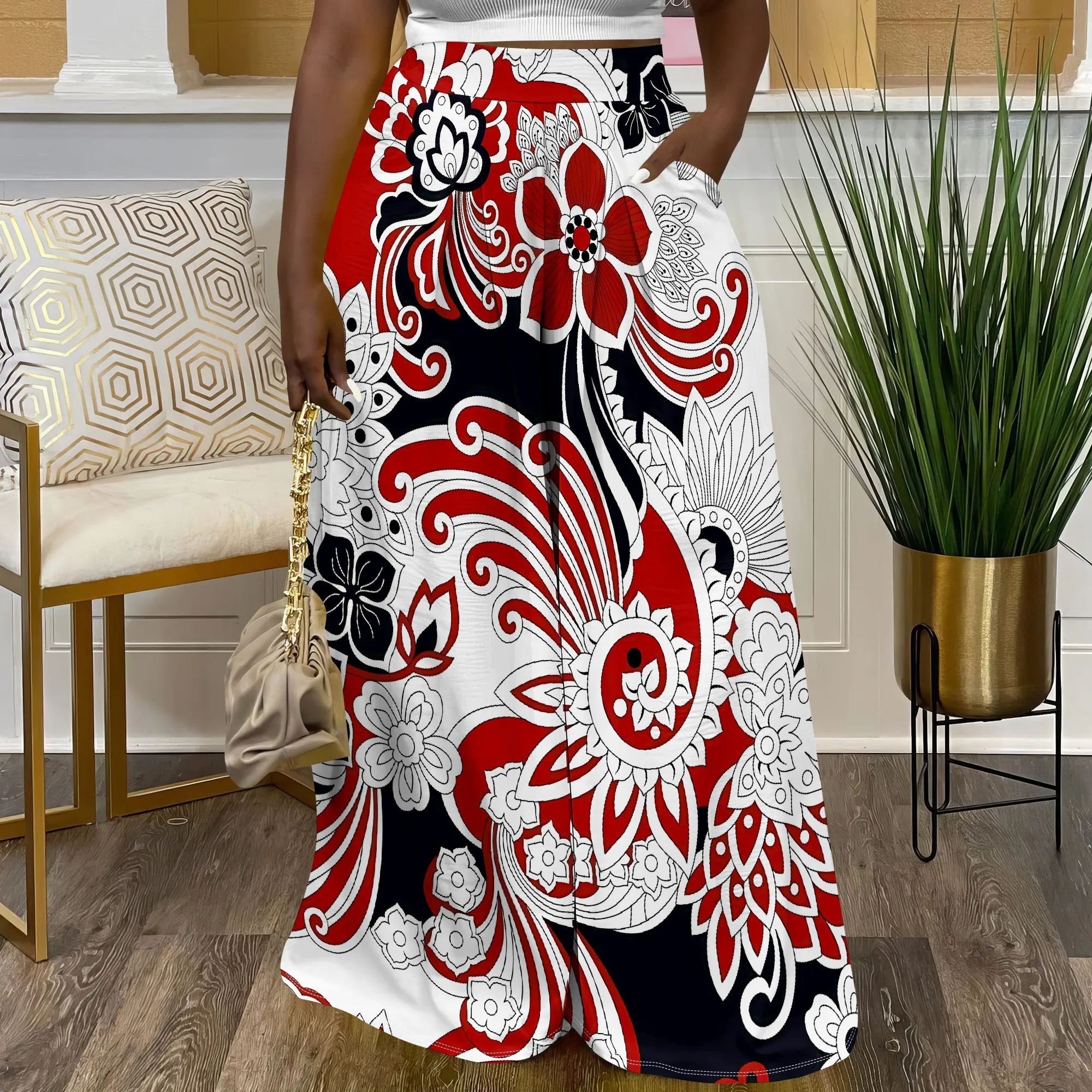 

Nupusa Red Paisley Print Wide Leg Pants for Women Regular Size Summer Casual Pants