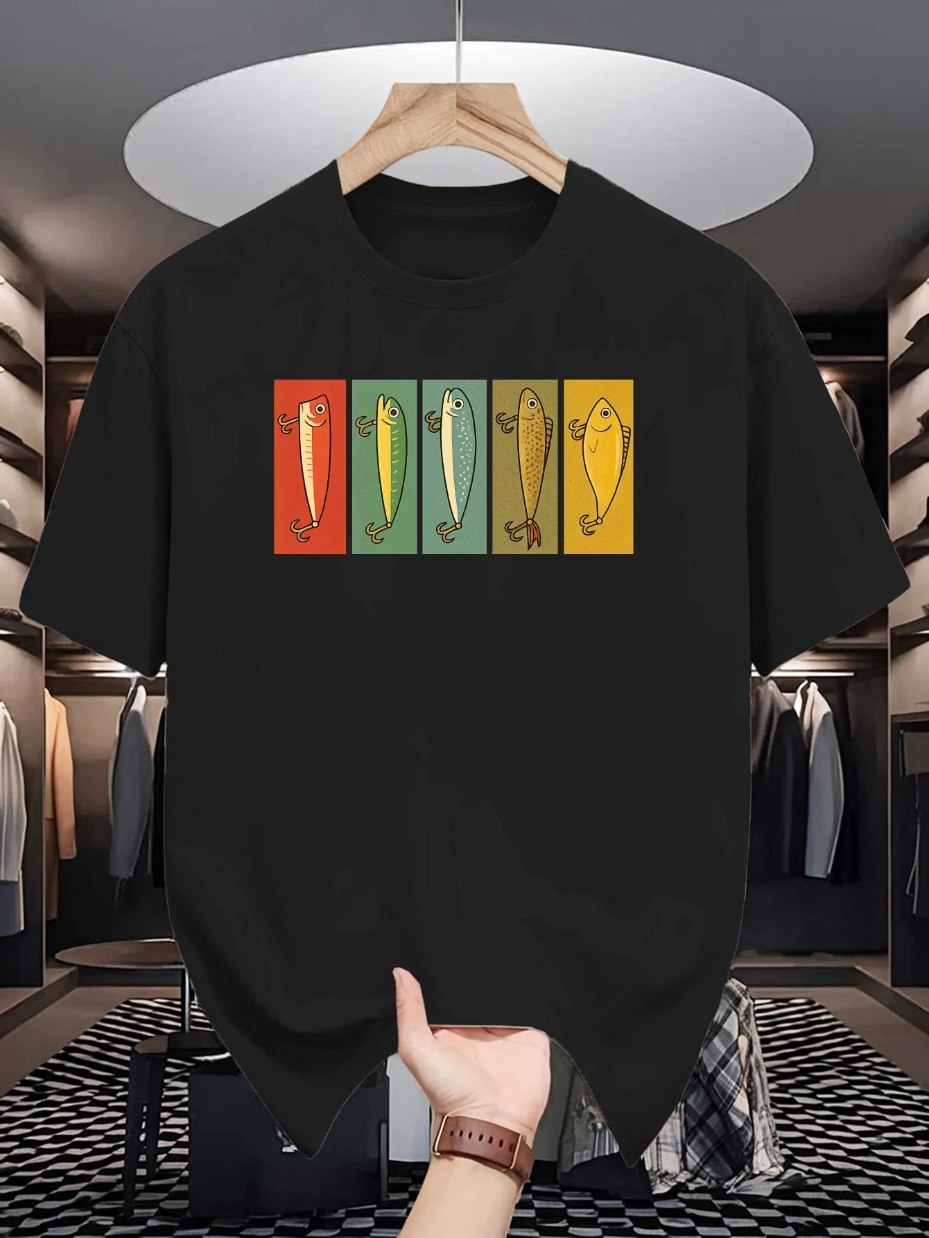 Vintage Fishing Lure Graphic Mens Crew Neck T Shirt Colorful Bait Print Soft Loose Summer Casual Street Tee Fishing Hobby Lovers