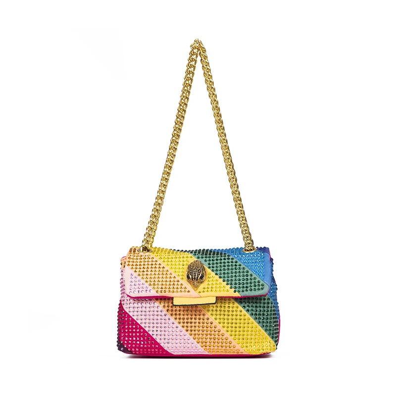 Luxury Design Fabic Women Bag Crystal Embellishment Quilting Pattern Rainbow Patchwork Icon Metal Logo Jointing Purse