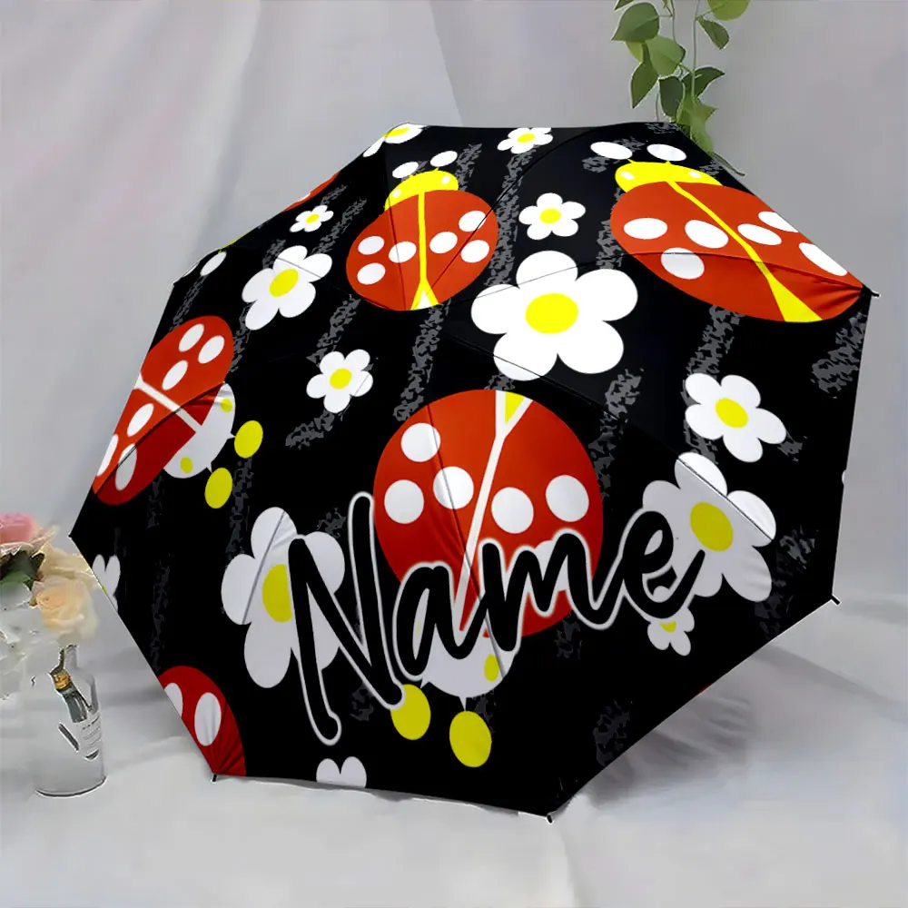 Custom Name Umbrella Ladybug and Daisy Pattern Umbrella Print 8 Iron Ribs Folding Umbrella Auto-Open Fashion Sunshade