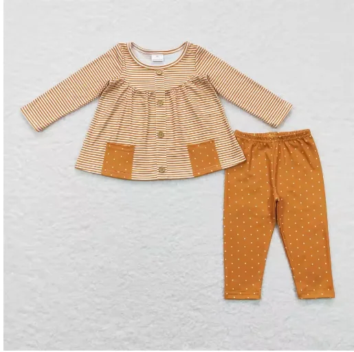 Autumn Baby Girl Set Long Sleeves Floral Ruffle Tunic Dots Pink Pants Children Kids Two Pieces Toddler Outfit