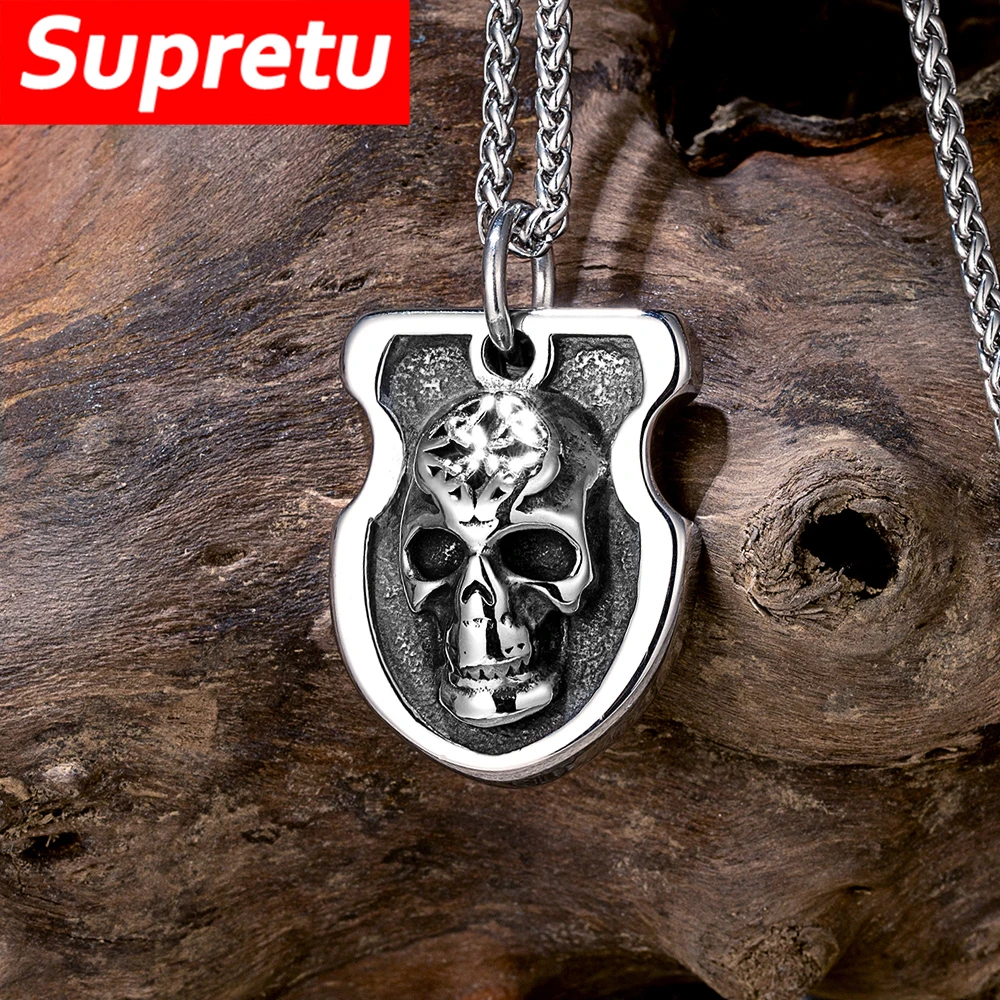 Gothic Punk Vikings Skull Shield Necklaces Stainless Steel Norse Runes Celtic Knot Pendant Men Charm Amulet Scandinavian Jewelry