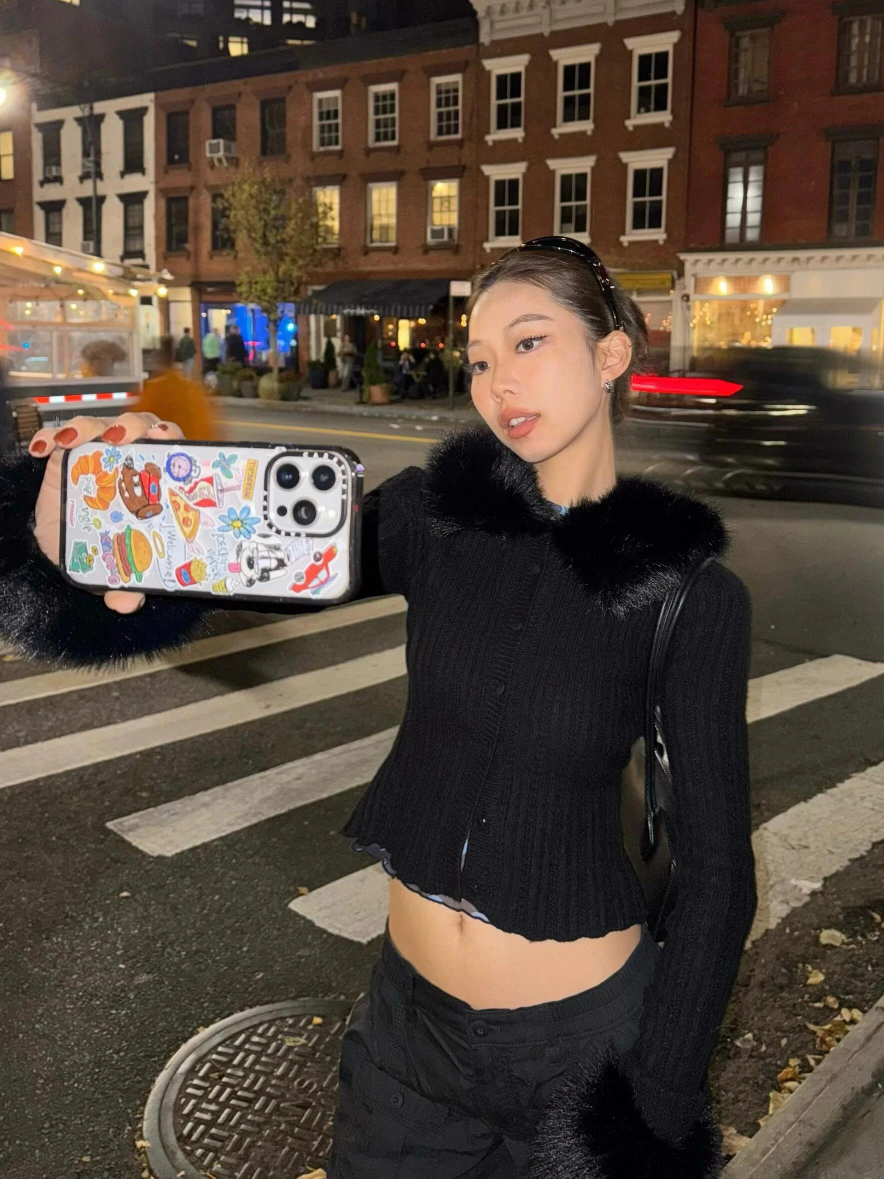 

guizio fur collar black sweater cardigan slim short jacket