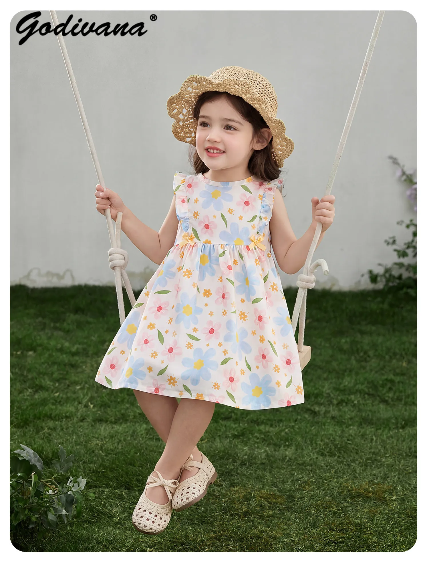 Cute Baby Girls 2026 New Summer Pure Cotton Soft Thin Princess Dress Kids Sweet Floral Fashion Feifei Sleeve Casual Sundress