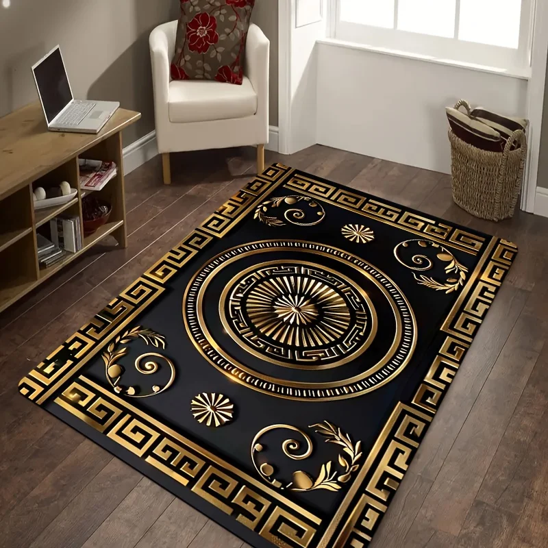 VIKAMA Luxury Black Gold Greek Key Rectangle Rug Vintage Gilt Floral Spiral Ornament Non‑slip Living Room Decor Floor Mat