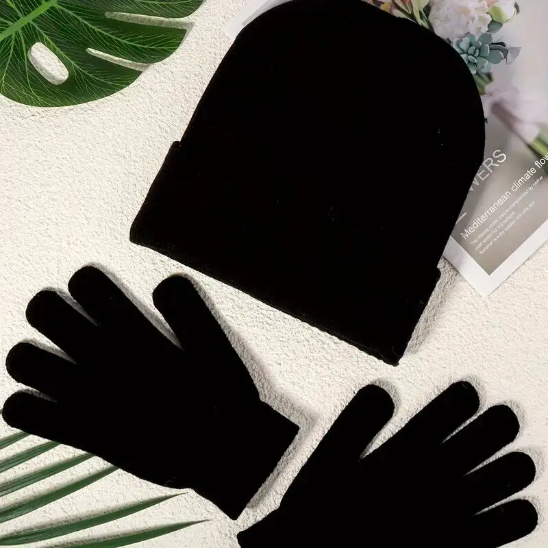 قبعة وقفازات محبوكة للخريف والشتاء مع أحجار الراين المزخرفة مادة الأكريليك مجموعة دافئة عصرية مكونة من قطعتين