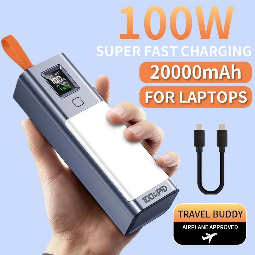

Real 100W Power Bank 100000mAh Fast Charging Large Capacity External Battery with Headlamp for Macbook Pro Lenovo Laptop