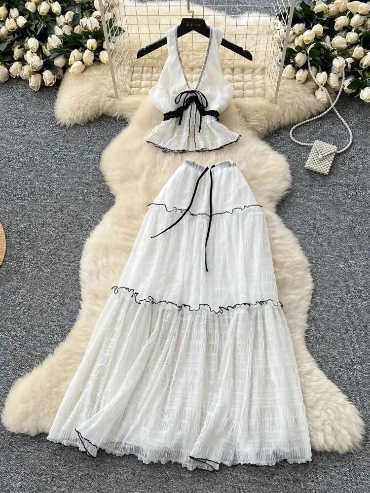 

Women Summer Sexy Chiffon Beach Outfits Hanging Neck V-neck Backless Chiffon Top High Waisted A-line Long Skirt Two Piece Set