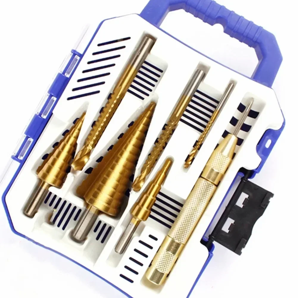 

7Pcs Step Drill Bit Saw Drill Set Center Punch Titanium Milling Cutter 4-12 4-20 4-32mm 3 6 8mm Woodwork Metal Core Hole Opener