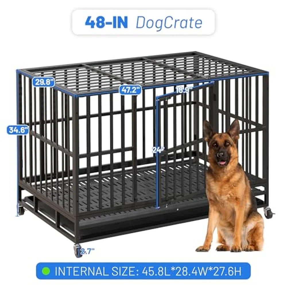 48 Inch Heavy Duty Indestructible Dog Crate XL Steel Escape Proof Kennel for Large Dogs Double Door Design with 4