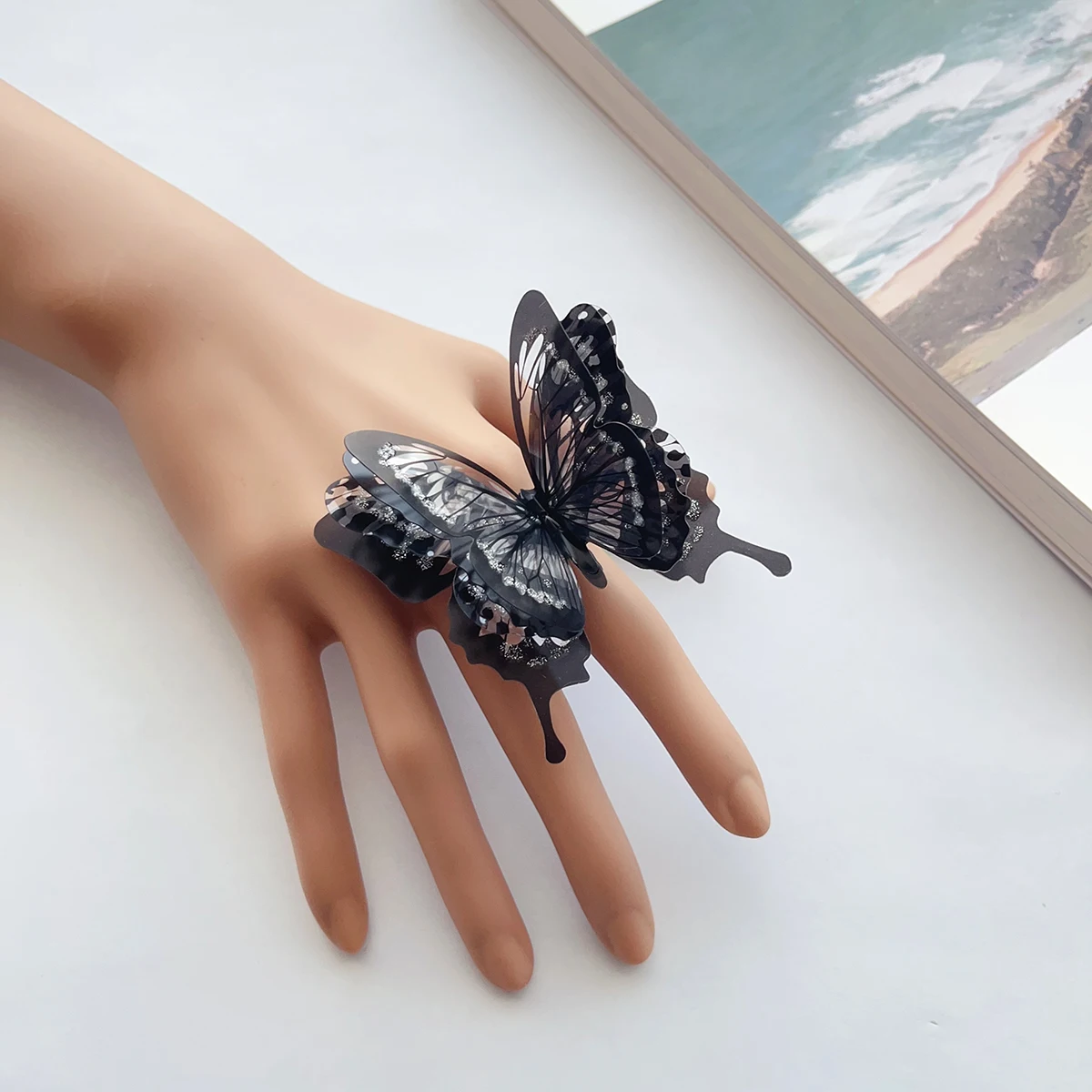 1 large black butterfly ring Female dark department Gothic style exaggerated personality fashion accessories ring can be adjuste