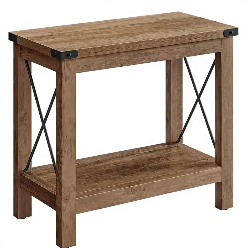 Adjustable Metal Side Table Bedside Table with Bottom Frame Farmhouse Style Honey Brown for Bedroom Furniture Hotels