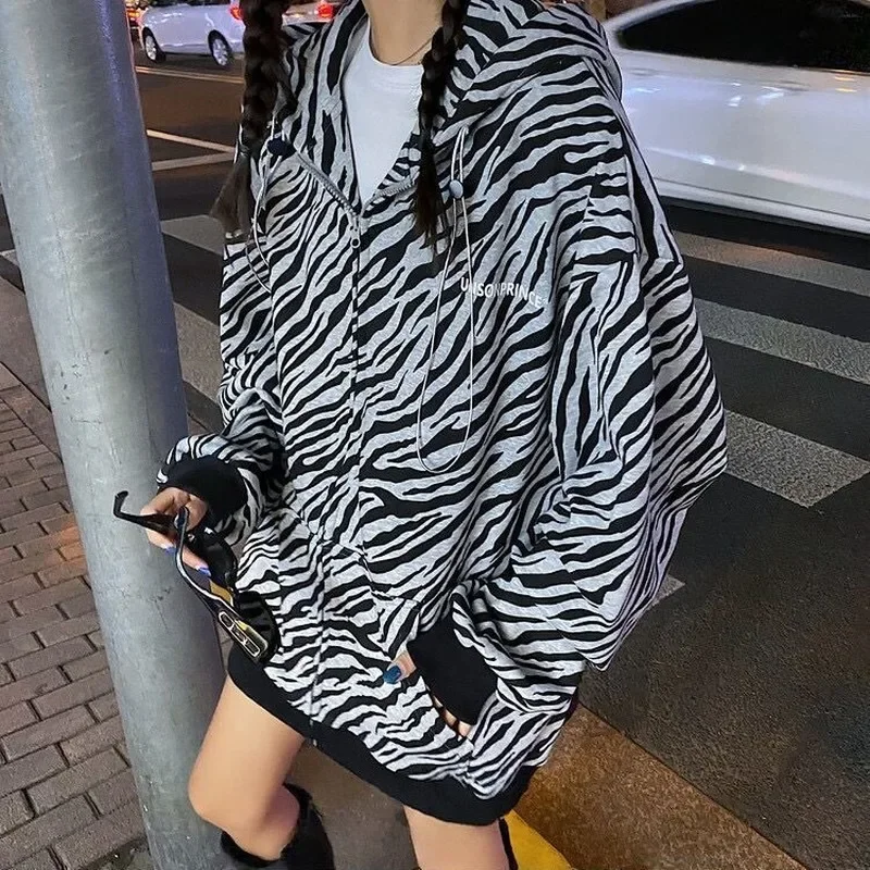 Jackets Women Zebra Printed Hooded Hip Hop Couple Loose Popular High Street Cool Girls Womens Chic Korean Style Zipper Coats Ins