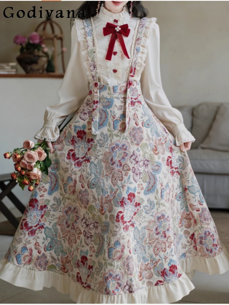 

Autumn Winter French Ruffles Stand-up Collar Long Sleeve Shirt Gentle Age-reducing Embroidered Suspender Dress Two-piece Sets