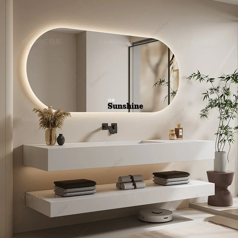 Custom Designed Slanted Basin Bathroom Vanity Set with Integrated Stone Slab Single/Dual Basin Sink Modern Bathroom FurnitureY