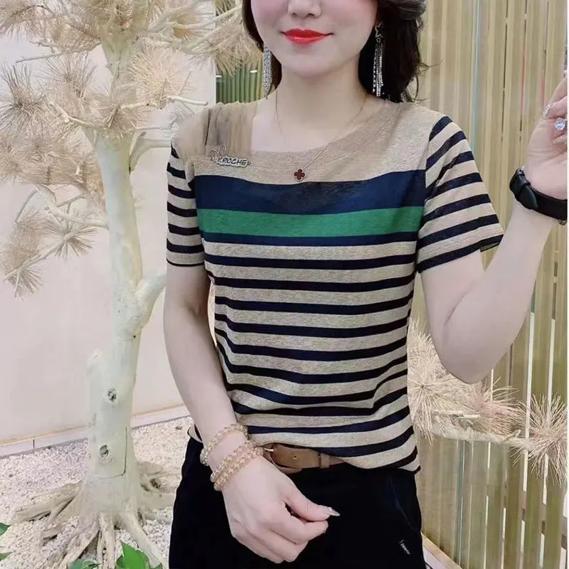 Summer Elegant Fashion Harajuku Slim Fit Tops Loose Casual All Match Tshirts O Neck Color Block Stripe Short Sleeve T-shirts