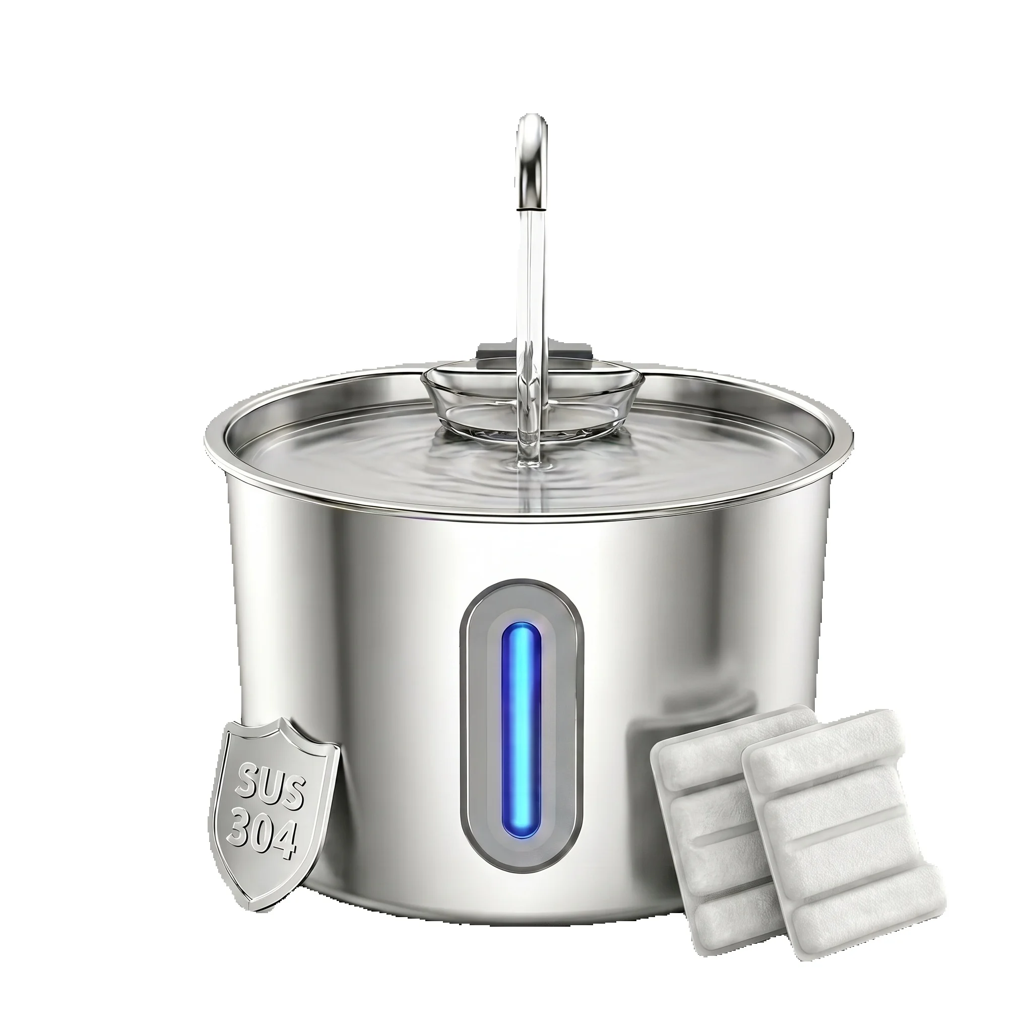 Edelstahl Trinkbrunnen für Katze 2.2L mit Sichtfenster ＆ 2 Aktivkohlefilter Leise/Für Kleine Hunde / 1 Reinigungsbürste