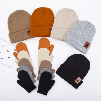 1 Set Leder Stern Tag Baby Turban Hüte Handschuh Solide Strick Mützen Winter Warme Mützen Solide Headwraps Herbst Kinder Kopfbedeckungen