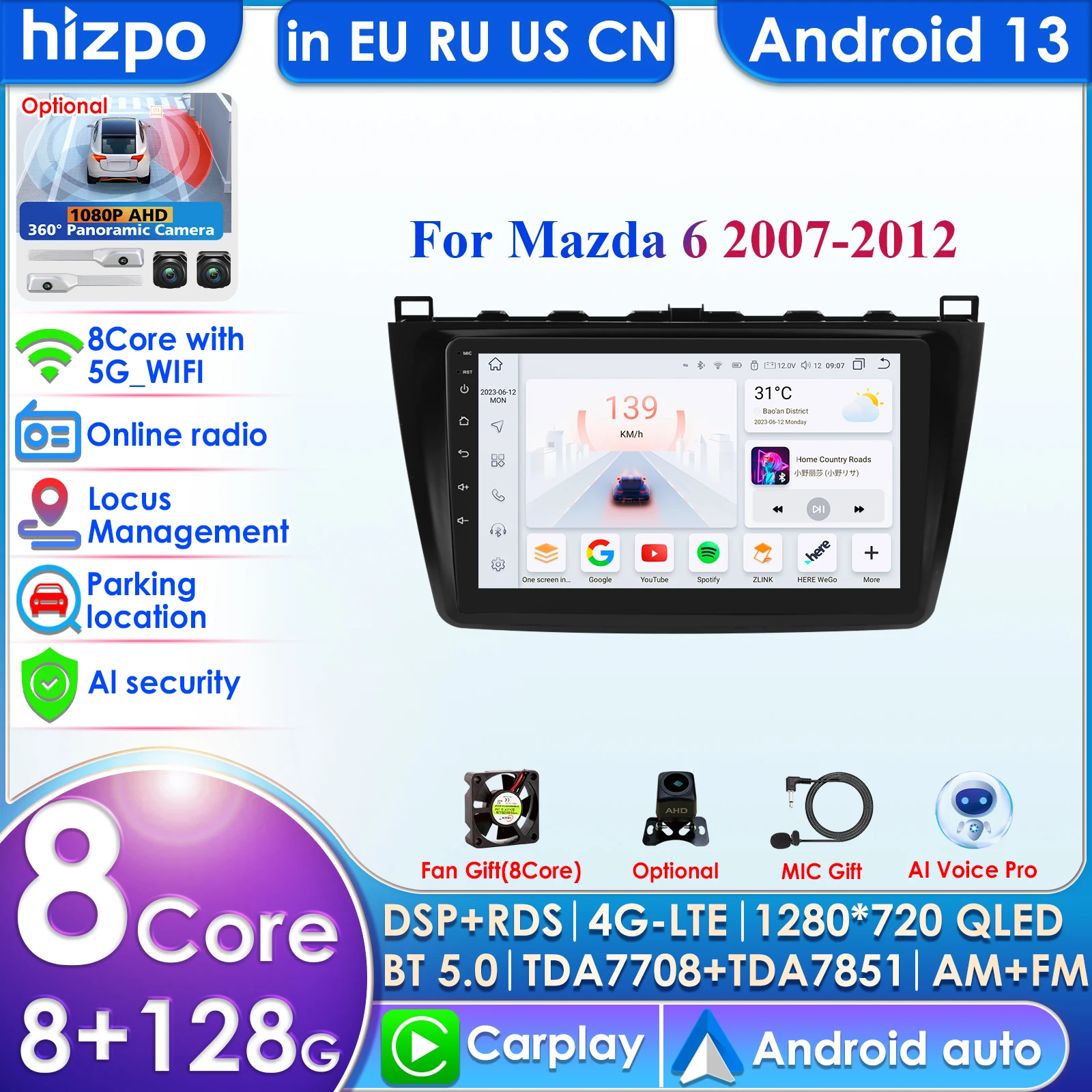 7862 DSP Pro AI Voice 2 Din Android Auto Radio For Mazda 6 Rui GH 2007 - 2012 Carplay 4G Car Multimedia GPS 2din Autoradio Audio