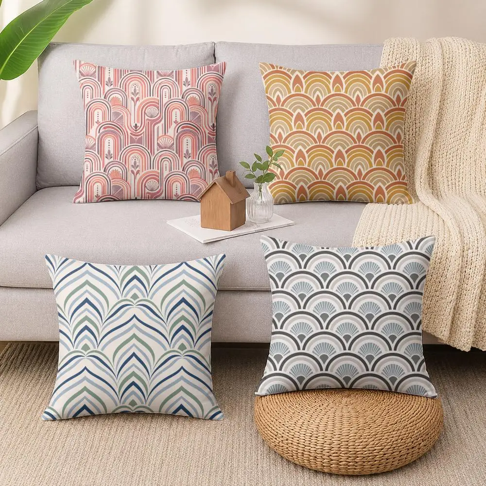 Art Deco Fan Pattern Cushion Cover Soft Short Plush Pillow Cases Hidden Zipper Cutecore Sofa Bedroom Home Decor Gift