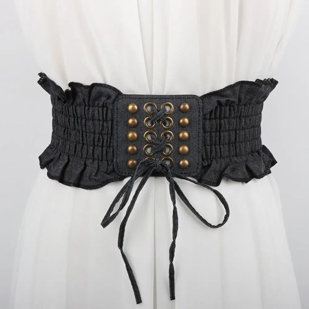 Cintura in tessuto di lusso in denim elasticizzato con fascia in pizzo a vita alta, cintura femminile, cintura elastica in vita larga
