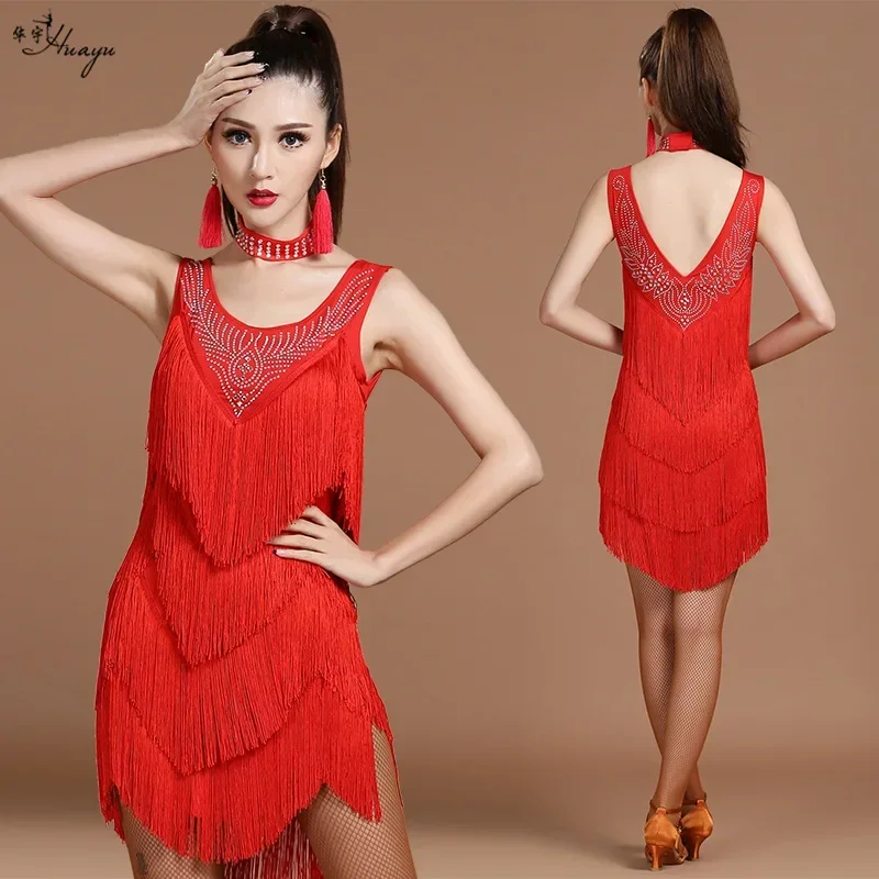 1 pcs/lot women Latin dancing dress female rhinestone V-neck tassel Latin dress