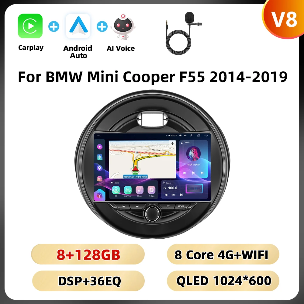 Podofo 8Core WIFI 4G Auto Audio Voor BMW Mini Cooper F55 2014-2019 Navigatie Carplay Android Auto AI Voice Spiegel Link Auto Stereo