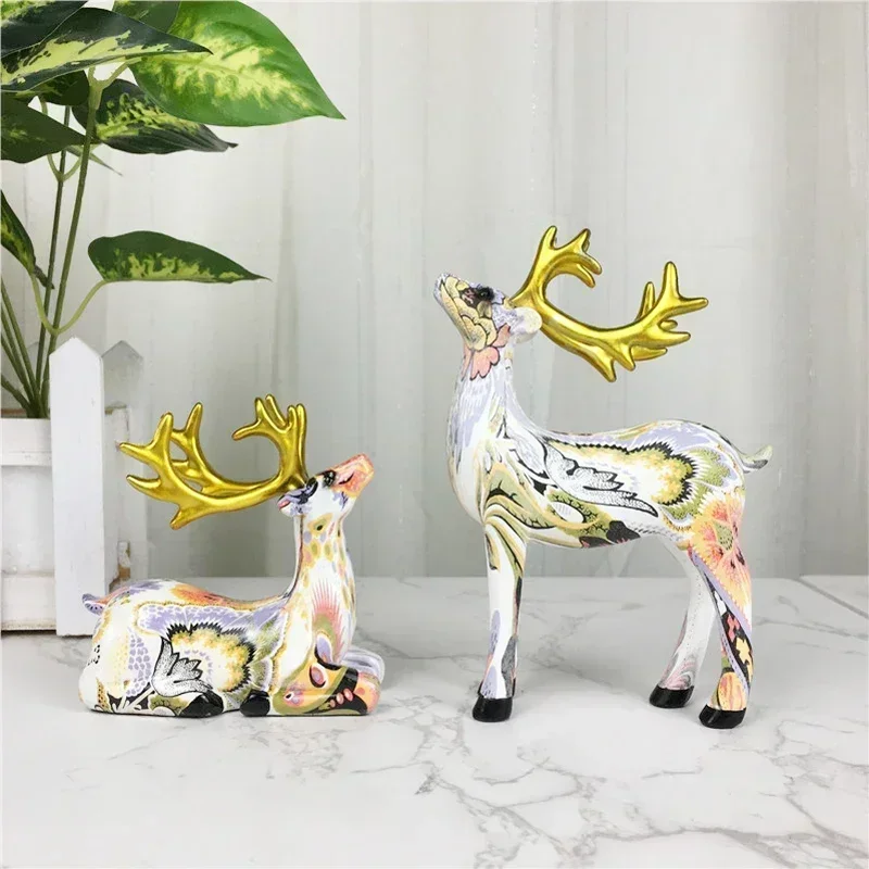 Christmas Decoration Resin Colorful Elk Deer Figurines Sculpture Collection Reindeer Home Decor for Living Room Office Desktop