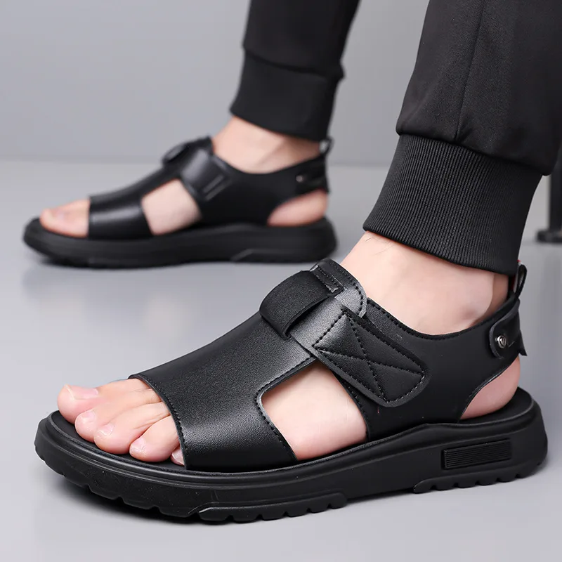 Business Men's Genuine Leather Sandals Large Size Roman Beach Shoes Open-toed Fish Mouth Sandals Men's Platform Shoes Slippers
