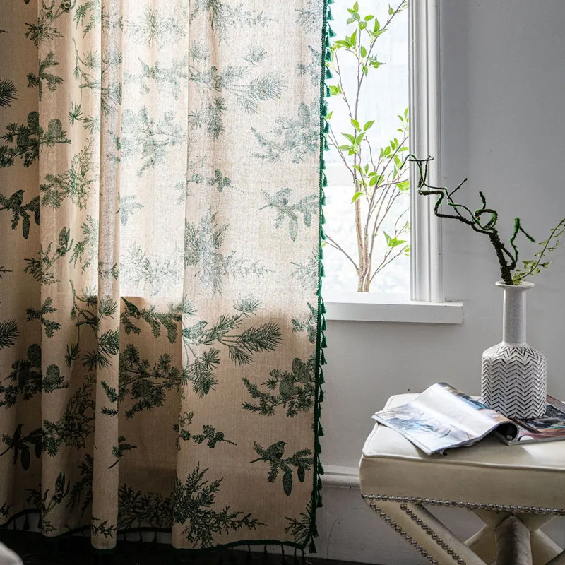 

Boho Curtain With Green Tassels,Cotton Linen Accent Floral Window Treatment Panel,Flowers Print Country Style Drape for Bedroom