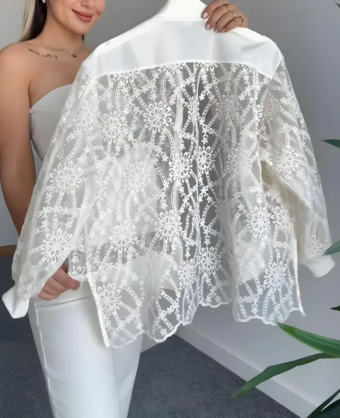 Flower Lace Embroidered Mesh Patch Baseball Jacket with Casual Zipper, Autumn Women's Elegant and Fashionable Lace Jacket