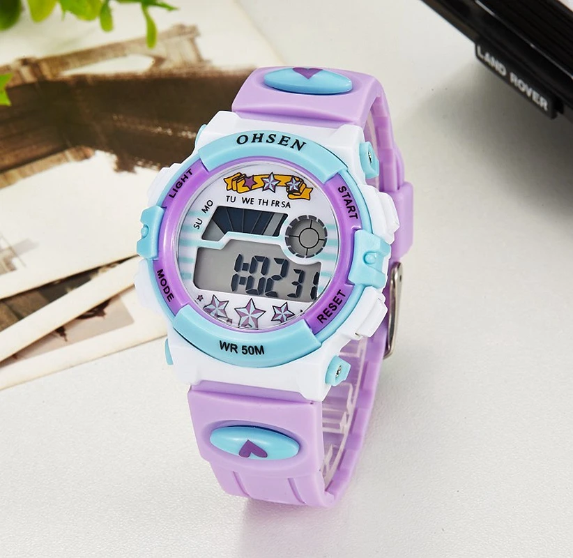 OHSEN Digital Kids Watches for Girls Boys 50M Waterproof Rose Red Led Electronic Children Sport Watch Stopwatch Cartoon Clock