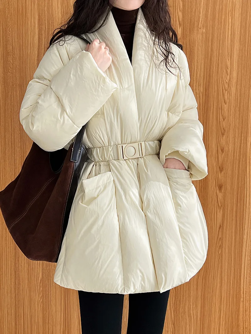 Chic Designer V-neck Belt Slim Wasit Women Parkas Solid All-match Elegant Casual Down Coats 2024 Winter Warm Cotton Jackets