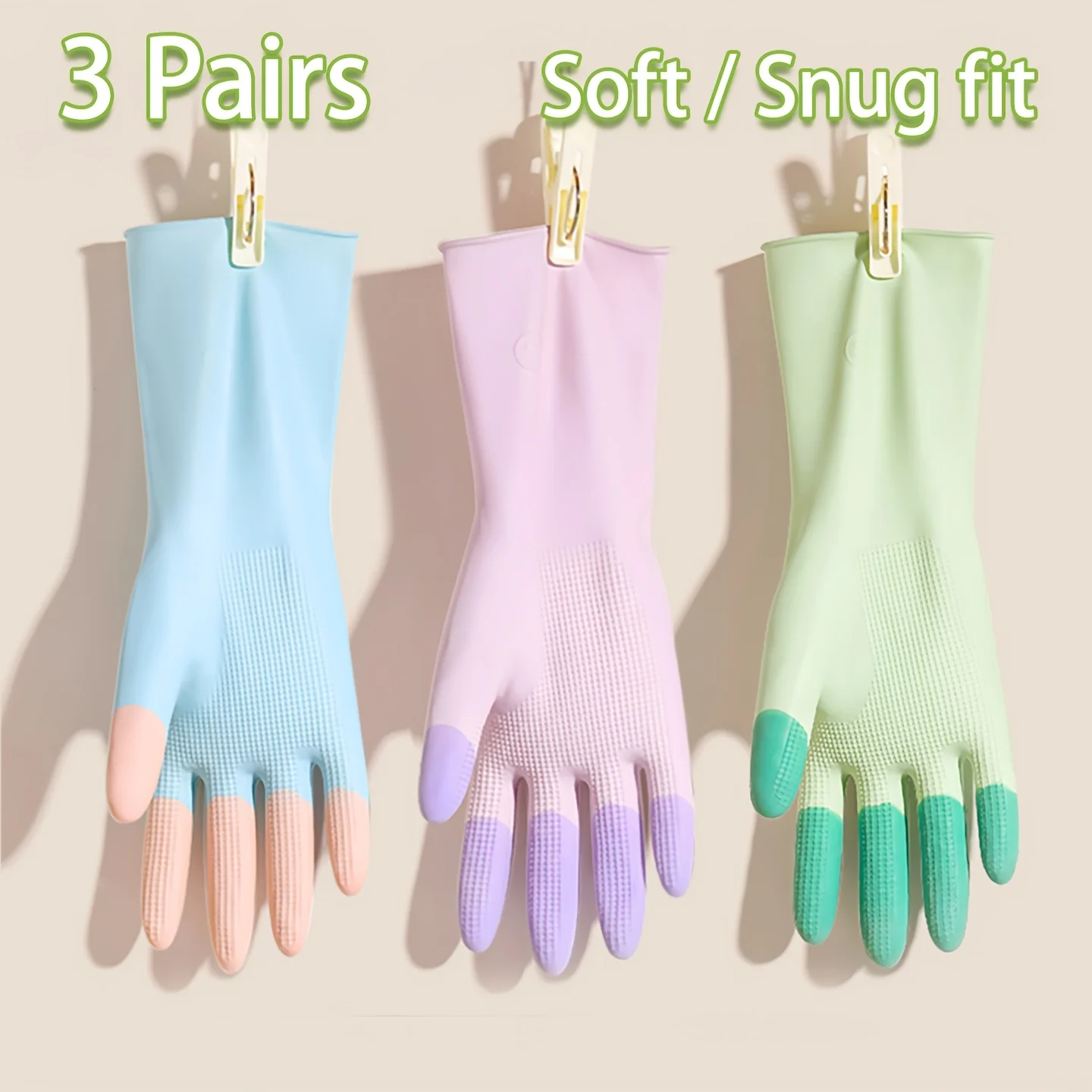 

3 Pairs of Colorful Household Cleaning Gloves, Kitchen Dishwashing Gloves, Non-slip Household Gloves