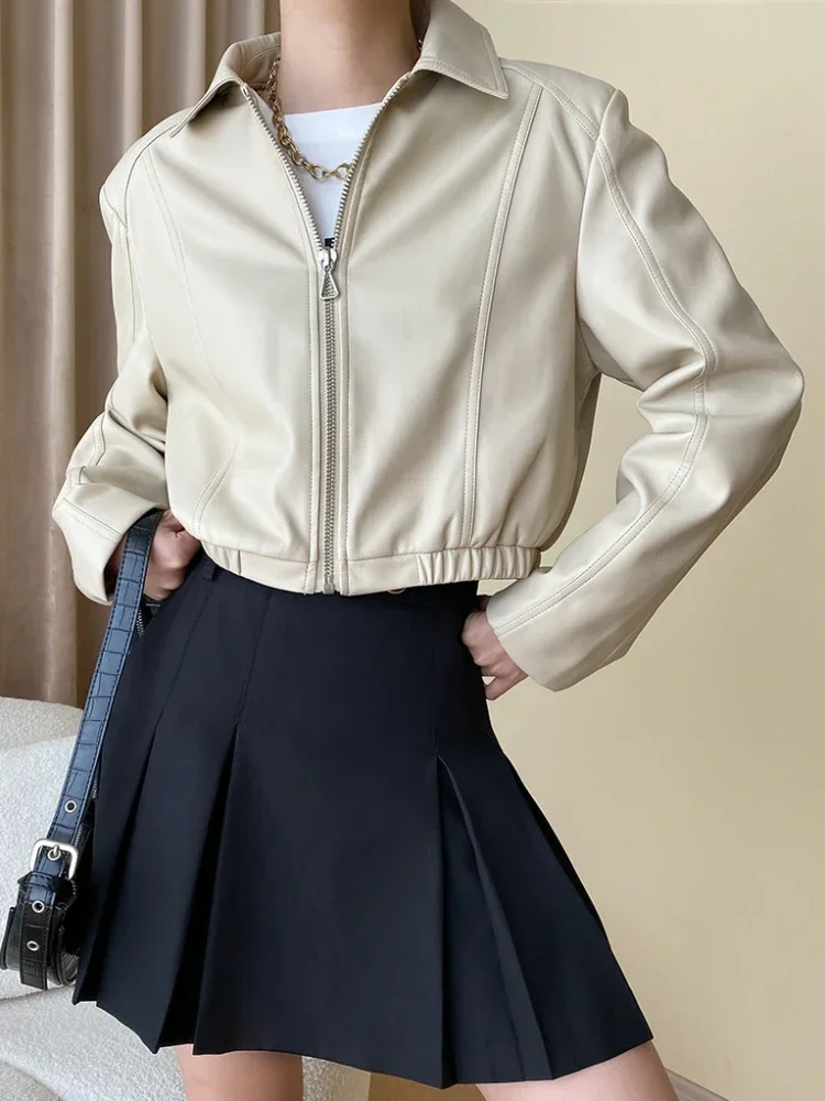 Veste en cuir PU simple pour femme, vestes de moto avec fermeture éclair, monochromatique et décontractée, tendance printemps et automne 2025