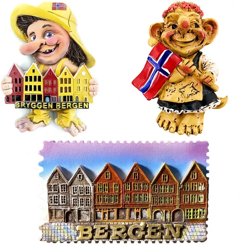 Imanes de nevera de Noruega Bergen, tablero de mensajes decorativo, recuerdo de viaje del norte de Europa, pegatina para refrigerador, regalos de decoración del hogar