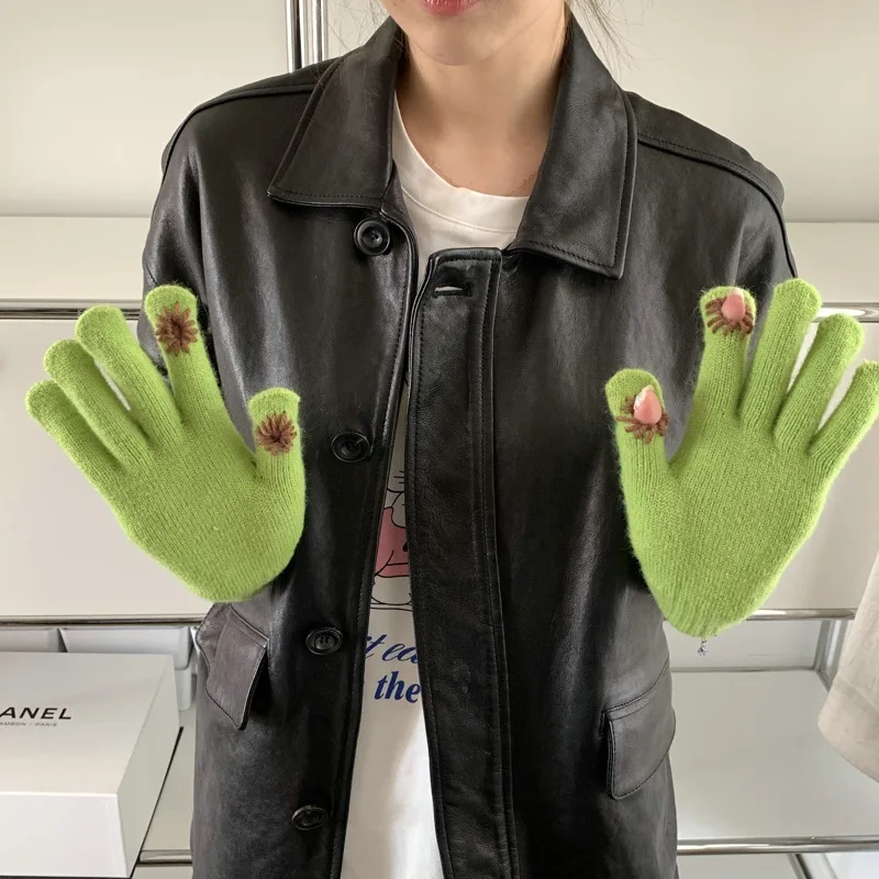 Женские вязаные перчатки для сенсорных экранов, зимние женские перчатки, теплые перчатки, однотонные пушистые рабочие перчатки в стиле Харадзюку, варежки для женщин