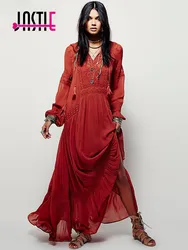 Kobiety Jastie sukienki eleganckie damskie Vintage z długim rękawem haftowane pomarańczowo-czerwona sukienka Maxi Vestidos feminino styl Boho 2023