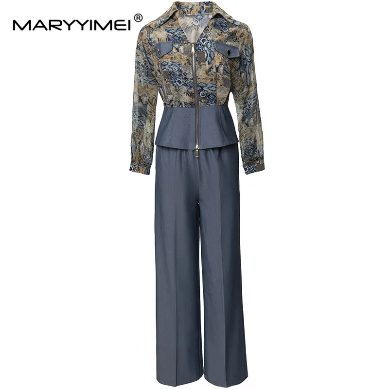 

MARYYIMEI Fashion Designer Summer Women's Sexy V-Neck Lantern Sleeved lace Splicing Button Printed tops+Blue pants 2 Pieces Set