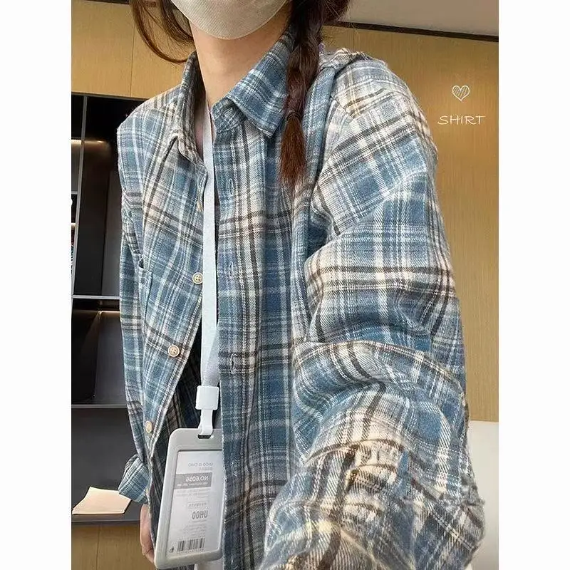 Women's Blue Plaid Cotton Long Sleeve Shirt Jacket Spring Autumn Elegant Turn Down Collar Check Shirt Retro Female Blouse