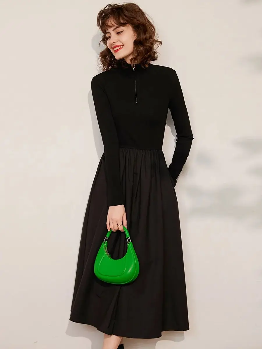 LOUIS YAO Women Dress 2024 Spring New Long Sleeve Stand Collar French Style Slim Fit Casual Fashionable Long Black Dress