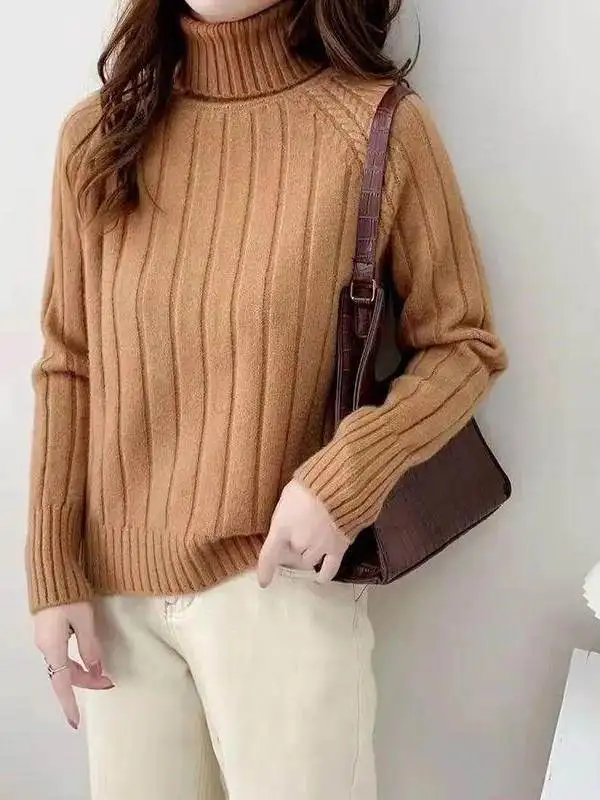 Trendy Thickened Long Sleeve High Collar Short Knitted Sweater for Women Casual Style Loose Fit Pure Color Autumn Winter Top