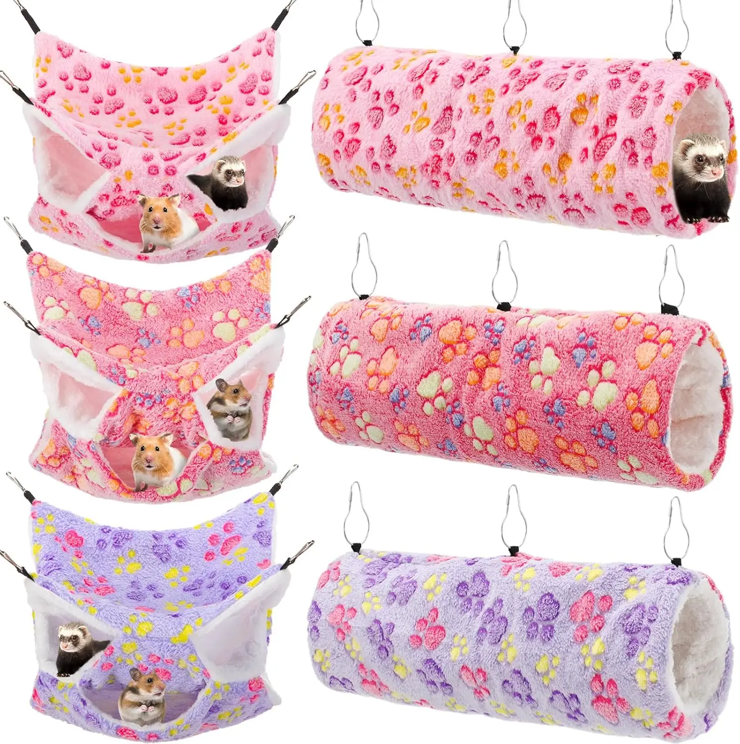

6 Pieces Rat 3 Tier Hammo Set Ferret Hanging Tunnel Guinea Pig Hideout Soft Hamster Bed For Cage Small Animal Toy Accessories