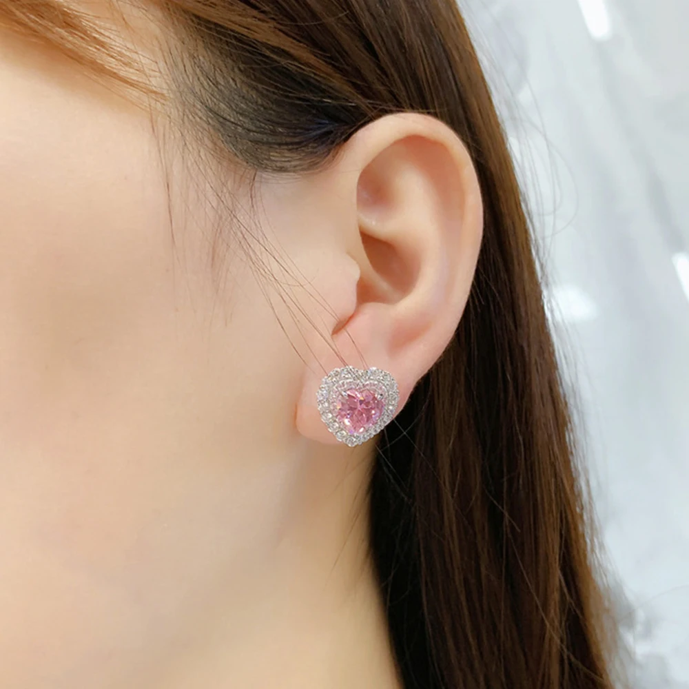 Real S925 Silver Heart Earrings Women 8mm Heart Diamond Earrings Female 5A Zircon Original Design Luxury Jewelry Girl Gift