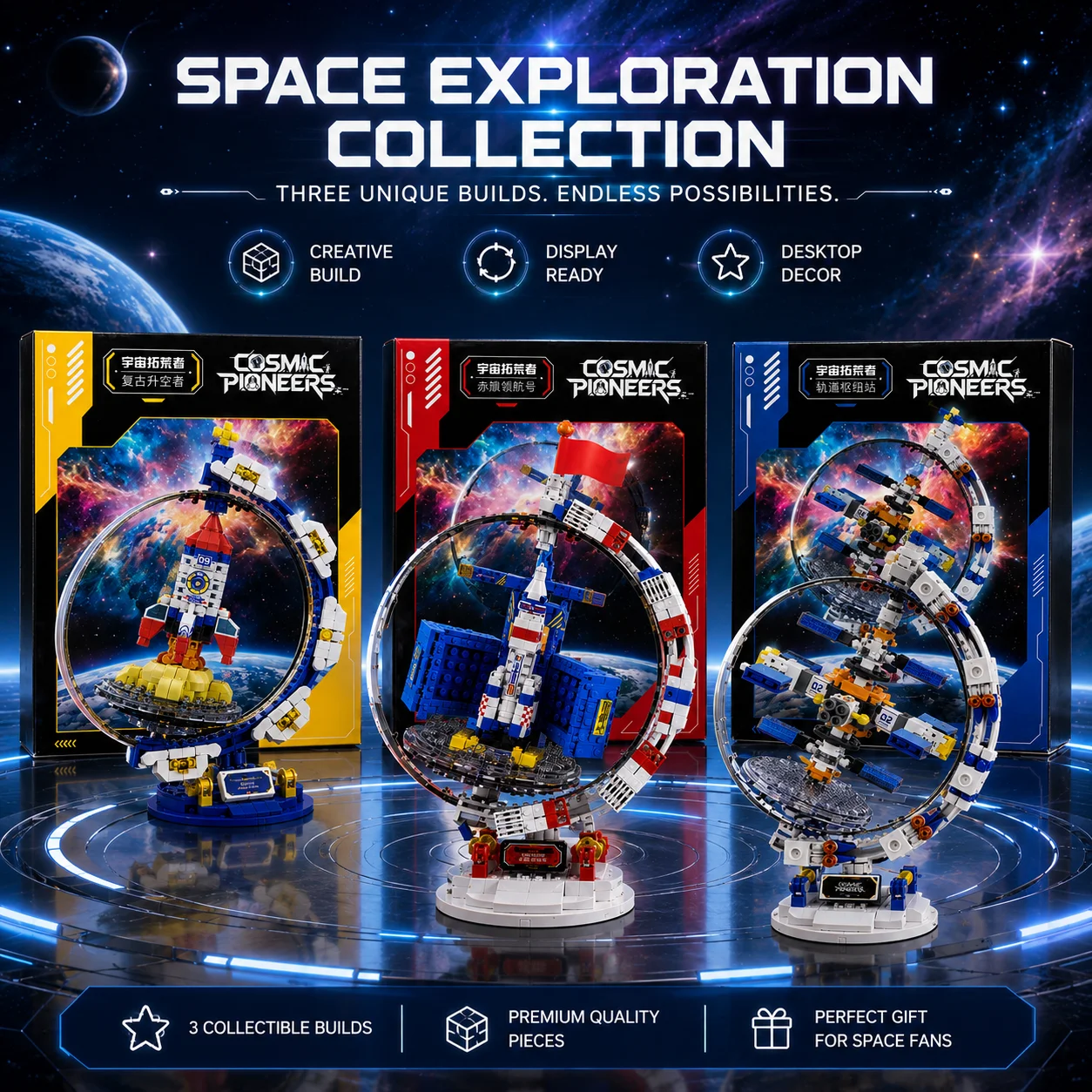 Space Exploration and Aerospace Themed Building Block Model, Creative Orbital Astronaut Assembly Toy, Circular Rotating Display
