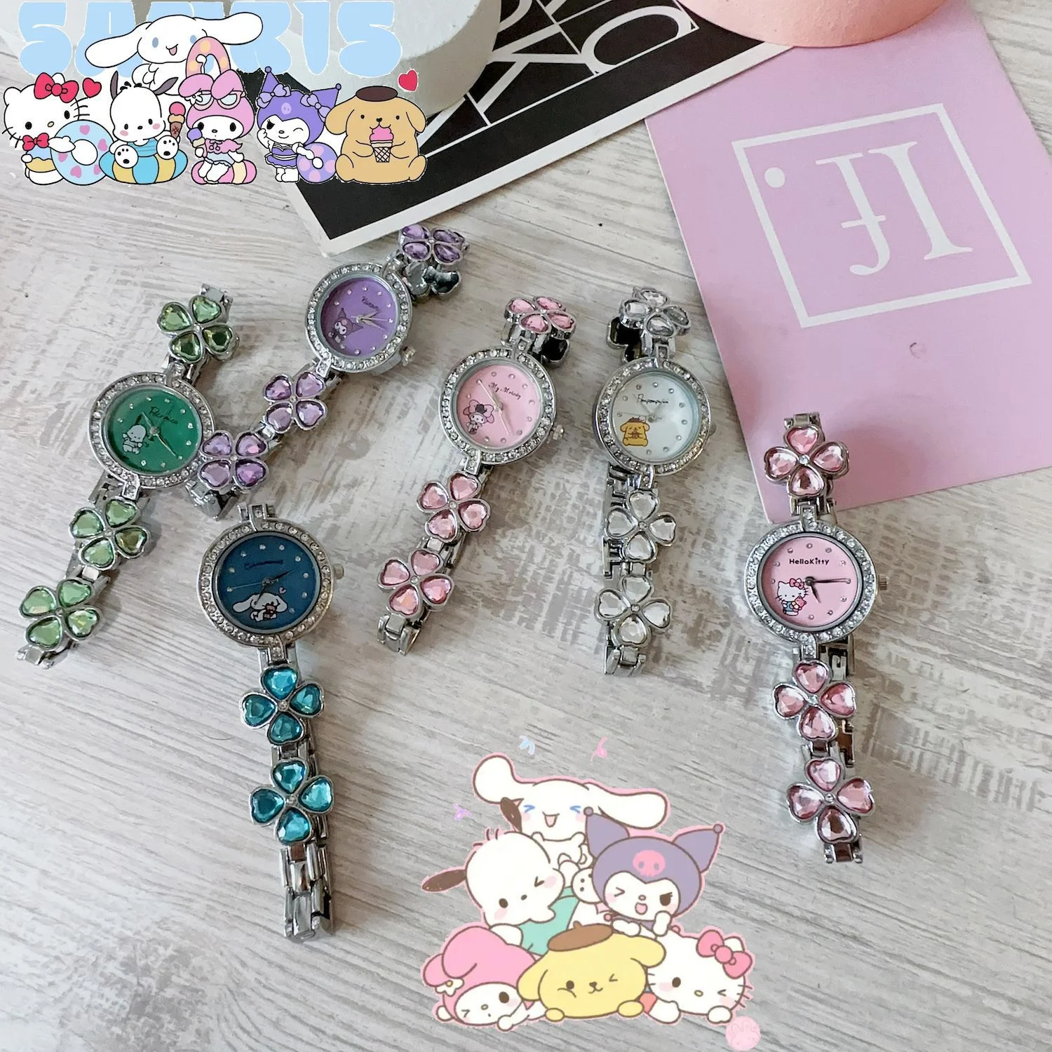 ساعة كارتون لطيفة للنساء كاجوال هدية مجوهرات ساعة نسائية هالو كيتي أربع أوراق البرسيم نقطة الماس سوار نسائي