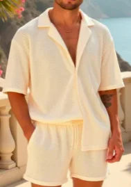 

Новинка 2023 года, мужской летний костюм, комплект из 2 предметов, приталенная рубашка с короткими рукавами и пуговицами, шорты на шнурке, пляжная курортная одежда, повседневная одежда