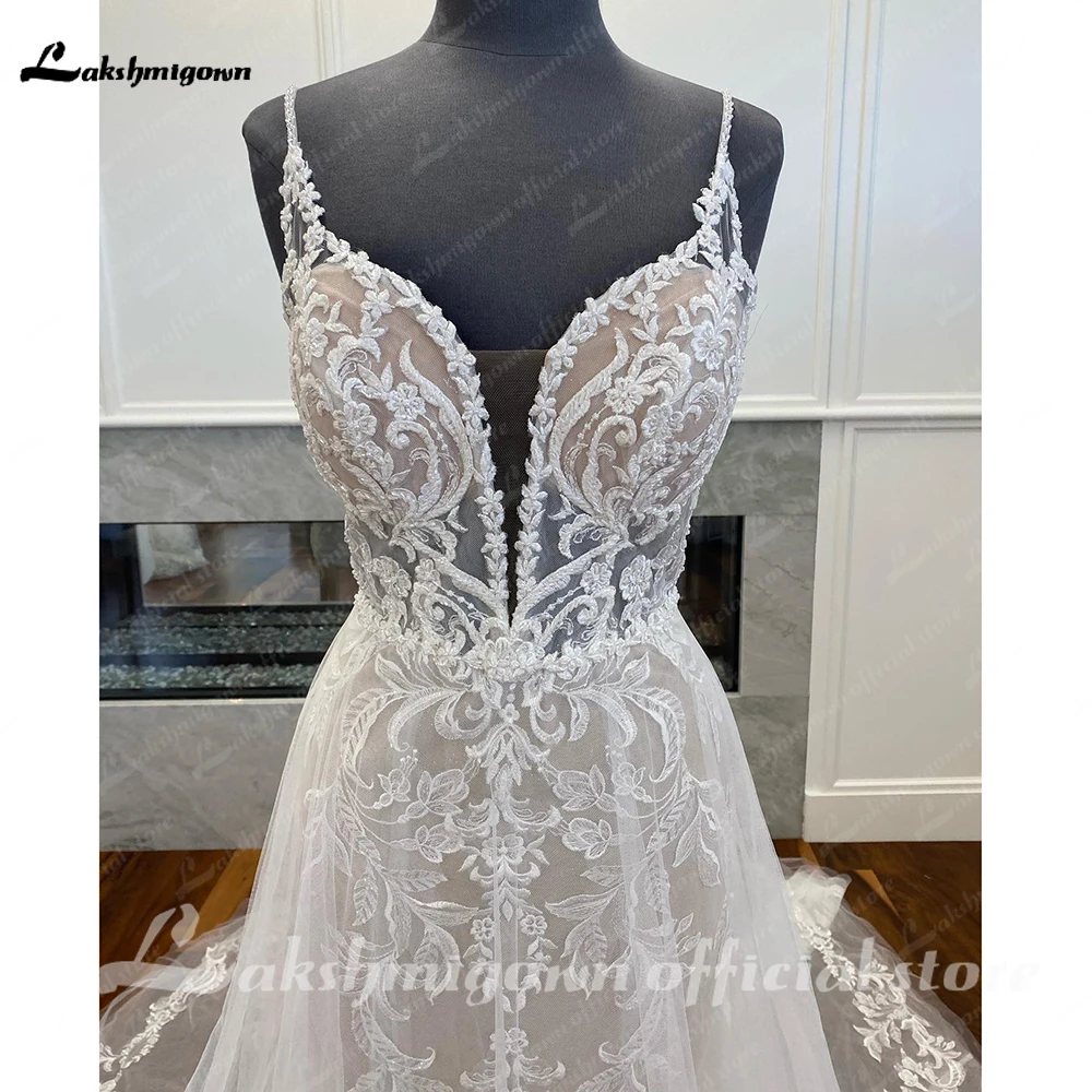 Lakshmigown alças de espaguete a linha tule vestido de casamento para as mulheres 2023 sexy nupcial boho praia vestidos de casamento renda sem costas