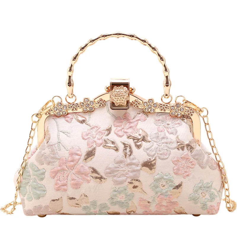 

Classic Hollow Out Flowers Bag Pink Wedding Bags Fringe Tassel Chain Lock Bags Handmade Vintage Women Bag Tote Women's Handbags